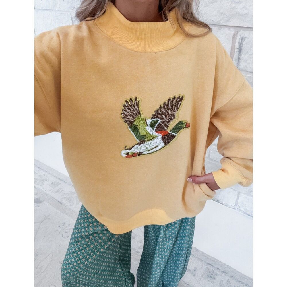 LovLov Duck Talk Sequin Mallard Mock Neck Sweatshirt Mustard Women's S NWT